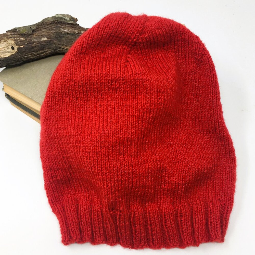 Handknitted Tomato Red Ribbed Edge Unisex Slouchy Hat
